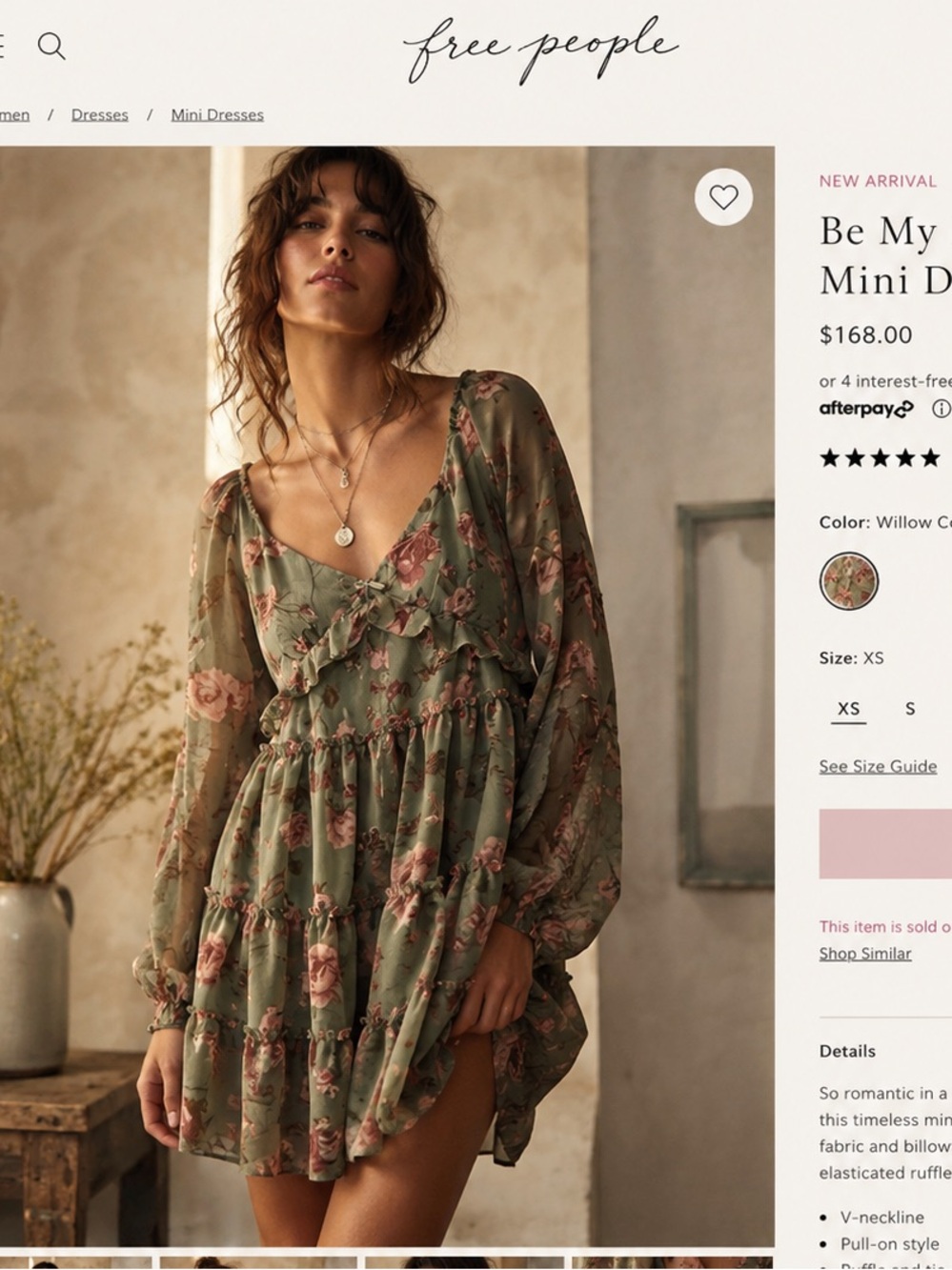 Free People Willow Green Floral Ruffled Mini Dress